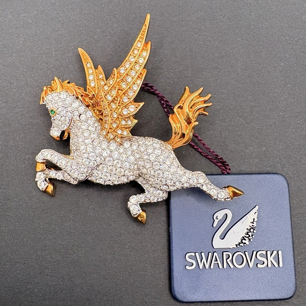 Vintage‎ Swarovski Pegasus Winged Horse Crystal Brooch Swan Signed w/Tag Retired